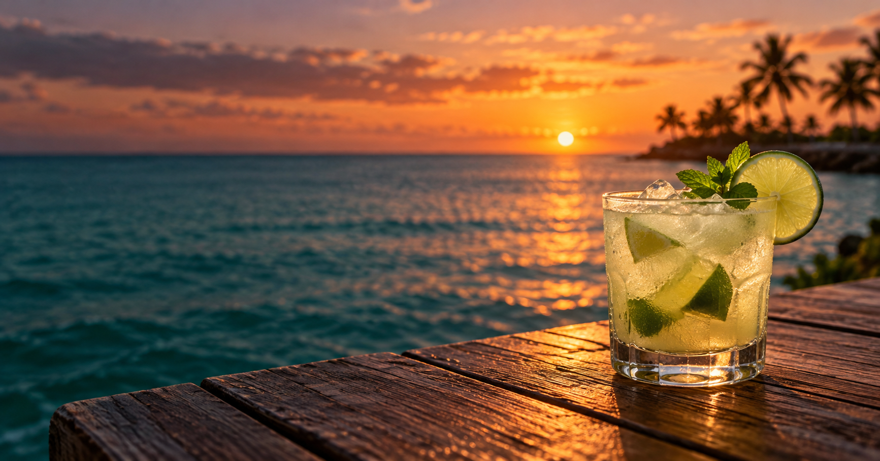 A chilled lime cocktail overlooking an ocean sunset